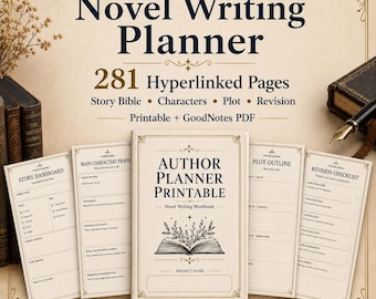 May include: A digital novel writing planner with 281 hyperlinked pages, featuring a story dashboard, character profiles, plot outlines, and revision checklists. The cream-colored pages display dark text and a central book illustration.