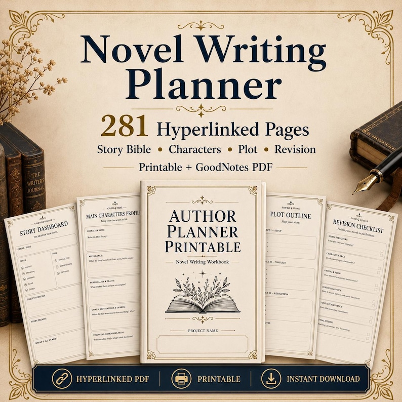 May include: A digital novel writing planner with 281 hyperlinked pages, featuring a story dashboard, character profiles, plot outlines, and revision checklists. The cream-colored pages display dark text and a central book illustration.