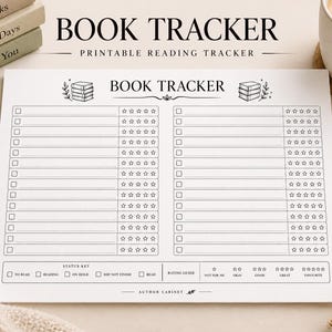 Puede incluir: Una hoja de seguimiento de lectura imprimible en blanco con dos columnas de líneas vacías para títulos de libros, cada una con una casilla de verificación y un sistema de calificación de cinco estrellas. El encabezado dice BOOK TRACKER.