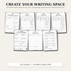 May include: A set of seven printable A4 PDF pages for writing, featuring sections titled Writing Space, Act I, Act II, Act III, Lessons Learned, Notes, and Brainstorming. The pages include lines, checkboxes, and icons for organizing creative projects.
