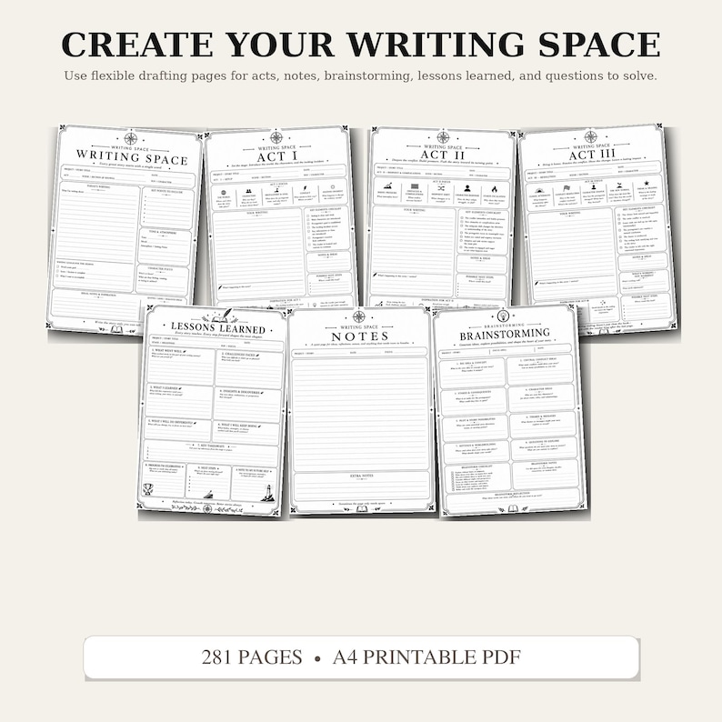 May include: A set of seven printable A4 PDF pages for writing, featuring sections titled Writing Space, Act I, Act II, Act III, Lessons Learned, Notes, and Brainstorming. The pages include lines, checkboxes, and icons for organizing creative projects.