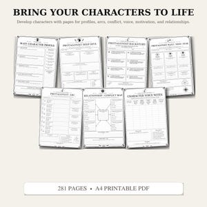 May include: A set of seven character development worksheets with black text on white paper. The pages include headers like Main Character Profile, Protagonist Deep Dive, Backstory, Want/Need/Fear, Arc, Relationship/Conflict Map, and Voice Notes.