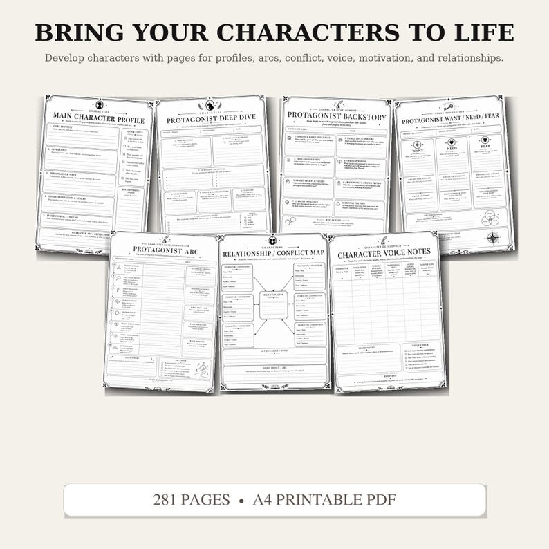 May include: A set of seven character development worksheets with black text on white paper. The pages include headers like Main Character Profile, Protagonist Deep Dive, Backstory, Want/Need/Fear, Arc, Relationship/Conflict Map, and Voice Notes.