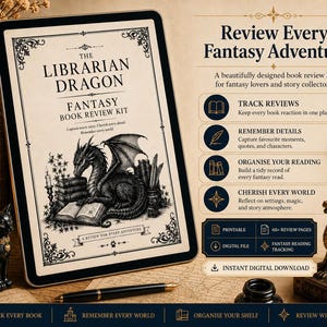 Könnte beinhalten: Ein digitales Tablet zeigt ein Buchrezensions-Set mit dem Titel The Librarian Dragon Fantasy Book Review Kit und einer Drachenillustration. Der Text auf dem Bildschirm umfasst Review Every Fantasy Adventure, Track Reviews, Remember Details, Organise Your Reading und Cherish Every World.