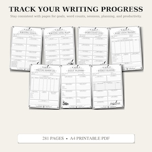 May include: A set of seven printable A4 PDF pages for tracking writing progress, including templates for writing goals, goal plans, word count goals, word count trackers, writing session logs, daily planners, and weekly planners with black text.