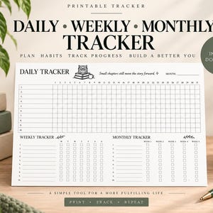 Puede incluir: Una hoja de seguimiento diaria, semanal y mensual imprimible en blanco con texto y líneas de cuadrícula en negro. El encabezado dice Daily, Weekly, Monthly Tracker. Incluye una ilustración de un búho, la frase Small chapters still move the story forward y secciones para hábitos, progreso y objetivos con filas numeradas y casillas de verificación.