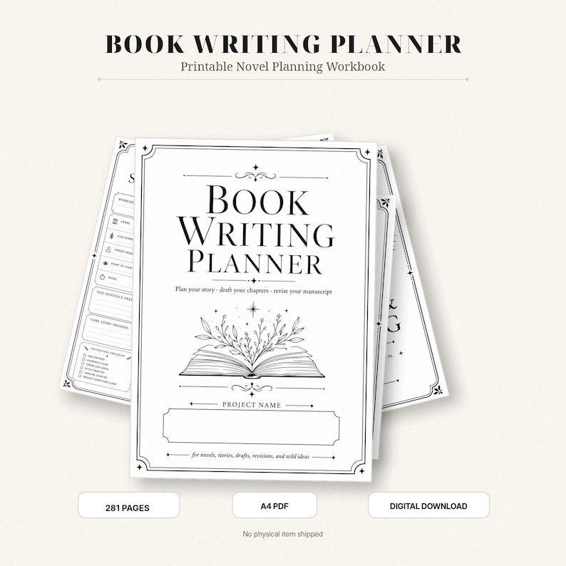 May include: A white book writing planner with black text and line art. The cover features the title Book Writing Planner, a drawing of an open book with floral elements, and a space for a project name. The planner includes 281 pages in A4 PDF format.