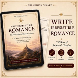 Op de afbeelding: Een digitale tablet toont de omslag van een interactief werkboek getiteld Write Irresistible Romance: The Seven Pillars of Romantic Tension, met een kasteelillustratie. Daarnaast benadrukt tekst 7 Pillars of Romantic Tension, Interactive PDF, 3 Formats en Instant Download.