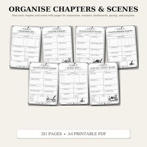 May include: A set of seven black and white printable planner pages titled ORGANISE CHAPTERS & SCENES. The sheets include templates for chapter lists, summaries, purpose trackers, progress overviews, opening planners, scene lists, and goals.