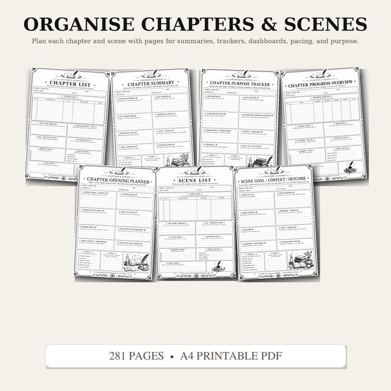 May include: A set of seven black and white printable planner pages titled ORGANISE CHAPTERS & SCENES. The sheets include templates for chapter lists, summaries, purpose trackers, progress overviews, opening planners, scene lists, and goals.