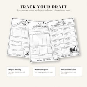 May include: Three white paper sheets with black text and illustrations for writing organization. The pages are titled TRACK YOUR DRAFT, CHAPTER, WORD COUNT TRACKER, and REVISION CHECKLIST, featuring sections for notes, goals, and progress tracking.