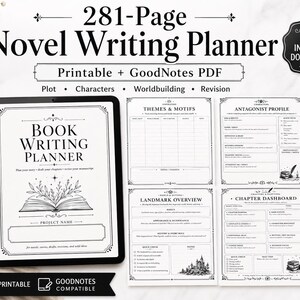 May include: A 281-page novel writing planner in a printable and GoodNotes PDF format. The digital display shows a book writing planner cover with a book illustration. Additional pages include themes and motifs, antagonist profile, landmark overview, and chapter dashboard templates with black text on white backgrounds.
