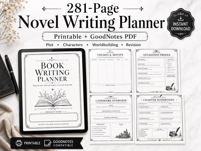 May include: A 281-page novel writing planner in a printable and GoodNotes PDF format. The digital display shows a book writing planner cover with a book illustration. Additional pages include themes and motifs, antagonist profile, landmark overview, and chapter dashboard templates with black text on white backgrounds.