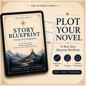May include: A digital tablet displays the Story Blueprint Interactive Workbook cover featuring a mountain castle illustration. Text includes Plot Your Novel, 15-Beat Story Blueprint Workbook, Interactive PDF, 3 Formats, and Instant Download.