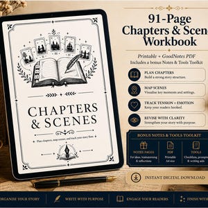 Könnte beinhalten: Ein 91-seitiges Chapters & Scenes Arbeitsbuch auf einem Tablet-Bildschirm. Das Cover zeigt ein offenes Buch mit einer Feder, Tarot-Karten und den Text Chapters & Scenes. Rechts sind Funktionen wie Kapitelplanung, Szenenkartierung und ein Toolkit gelistet.