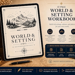 Puede incluir: Un libro de trabajo de 47 páginas sobre mundos y escenarios mostrado en una pantalla de tableta. La portada presenta una ilustración de paisaje montañoso, una rosa de los vientos y el texto 'WORLD & SETTING'. Incluye secciones para crear mundos.
