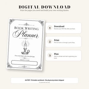 May include: A digital book writing planner workbook with a black and white cover featuring a candle illustration, the text "BOOK WRITING PLANNER", and "Every story begins with a brave first page". Includes three steps: Download, Print, and Plan.