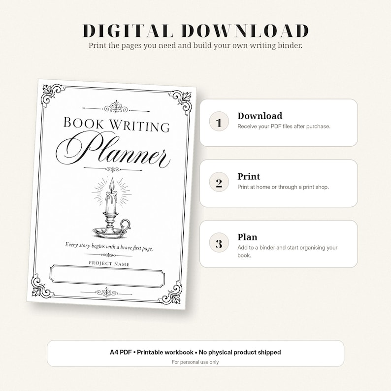 May include: A digital book writing planner workbook with a black and white cover featuring a candle illustration, the text "BOOK WRITING PLANNER", and "Every story begins with a brave first page". Includes three steps: Download, Print, and Plan.