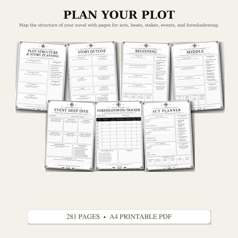May include: A set of seven printable planning pages for novel writing, featuring black text on white paper. The sheets include sections for plot structure, story outline, beginning, middle, event deep dive, foreshadowing tracker, and act planner.