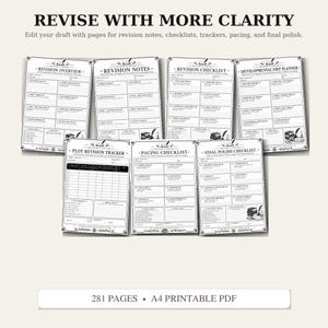 May include: A set of seven printable planning pages for writing revision, featuring the titles REVISE WITH MORE CLARITY, REVISION OVERVIEW, REVISION NOTES, REVISION CHECKLIST, DEVELOPMENTAL EDIT PLANNER, PLOT REVISION TRACKER, PACING CHECKLIST, and FINAL POLISH CHECKLIST.
