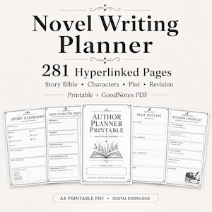 Novel Writing Planner, 281-Page Author Workbook, Story Bible, Plot, Characters (Digital Download)