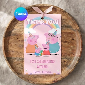 Etiqueta de agradecimiento de cumpleaños de Peppa Pig, etiqueta editable para recuerdos de fiesta de cerditos, plantilla imprimible de Canva (descarga digital)