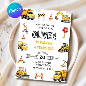Construction Birthday Invitation, Dump Truck Party Invite, Editable Yellow Boys Birthday Invite, Canva Template ( Digital Download)