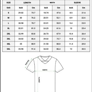 Op de afbeelding: Een maattabel voor een voetbalshirt met all-over print, met een tabel met afmetingen in inches en centimeters voor de maten S tot 5XL. Een lijntekening van een shirt met V-hals illustreert de meetpunten voor lengte, breedte en mouwlengte.