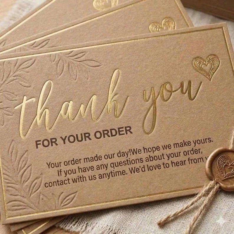 Op de afbeelding: Een rechthoekige bedankkaart van kraftpapier met goudfolie tekst thank you FOR YOUR ORDER en een gedrukte tekst over klantenservice. De kaart is versierd met gouden blad- en hartmotieven.