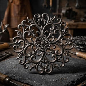 Pode incluir: Um descanso de panela circular em ferro fundido com um design intrincado de folhas de acanto em volutas e um motivo floral central. O metal tem um acabamento cinza-carvão fosco e texturizado, exibindo um trabalho artesanal detalhado.