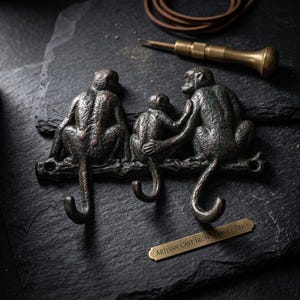 Puede incluir: Un gancho de pared de hierro fundido de color marrón oscuro con tres monos sentados en una rama. Los monos están colocados en fila, con los dos monos exteriores sosteniendo al mono central más pequeño. Una pequeña placa de latón dice ARTISAN CAST IRON FAMILY TRIO.