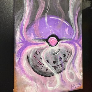 May include: A purple and black painted canvas with a stylized image of a Pokeball. The Pokeball is surrounded by white and pink swirls. The Pokeball has a pink gem in the center and a black and white design around the outside. The canvas is signed "HA'25" in the bottom right corner.