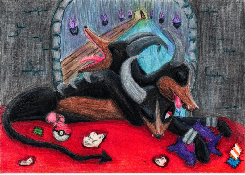 May include: A colored pencil drawing of a three-headed black and brown creature with horns, resting on a bright red surface. The creature is surrounded by small items including a red and white sphere, a green star, and a purple star-shaped object.