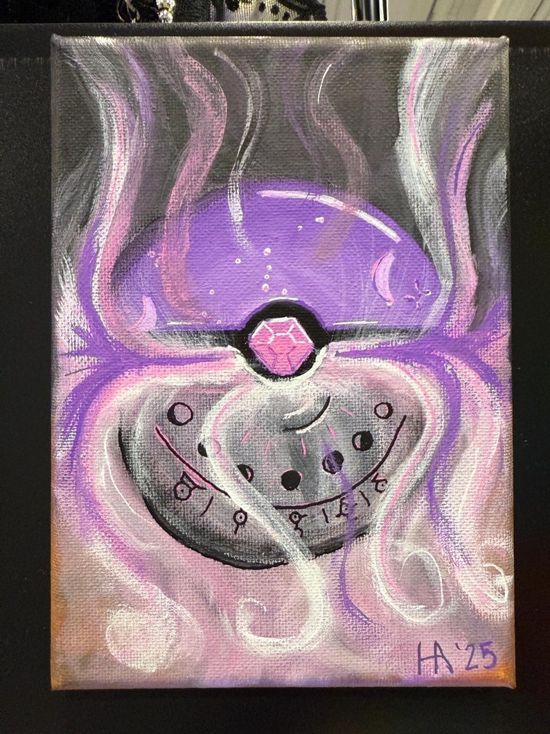 May include: A purple and black painted canvas with a swirling design. The center of the design is a purple sphere with a pink gem in the center. The sphere is surrounded by a black ring with a white design. The canvas is signed "HA'25" in the bottom right corner.