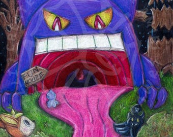 Gengar Fun House Art Print, Pokemon Ghost Wall Art, Spooky Carnival Decor, Halloween Room Decor, Creepy Pokemon Fan Art