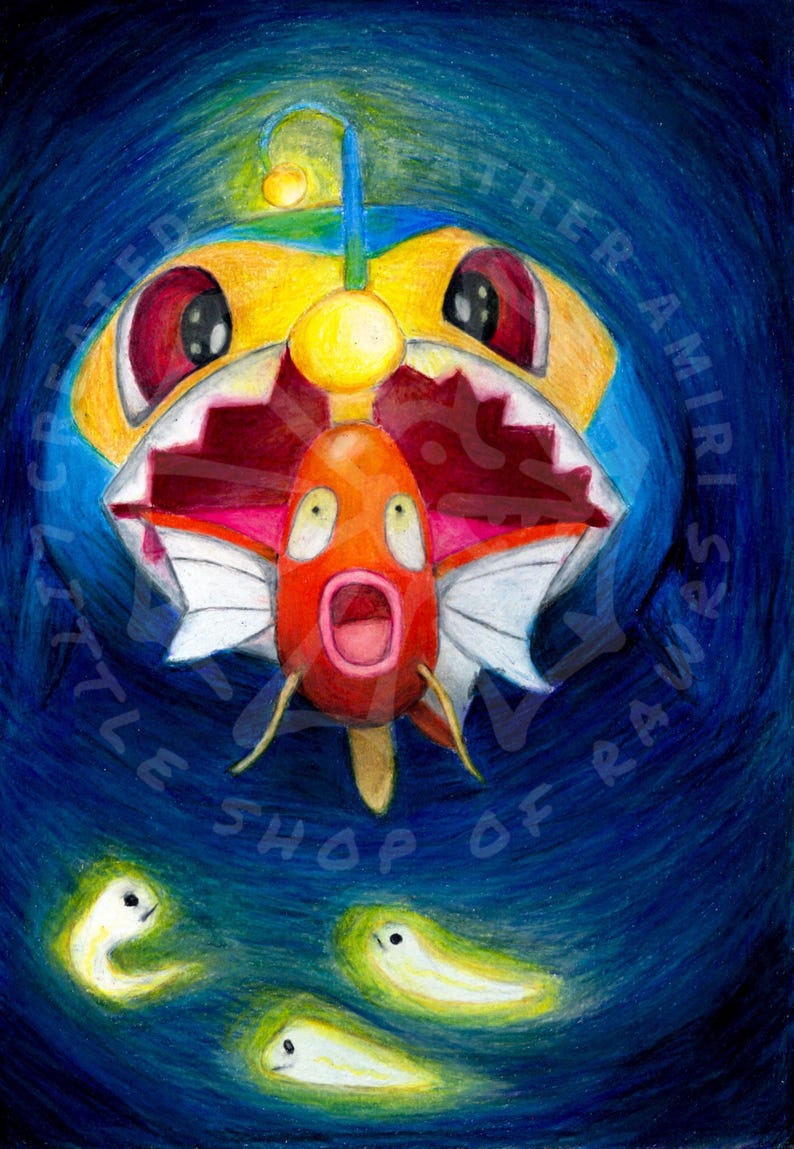 May include: A cartoon illustration of a red and orange fish with white fins and a yellow and blue creature with a glowing light on its head. The fish is swimming out of the mouth of the creature. The background is a dark blue with three glowing white fish.