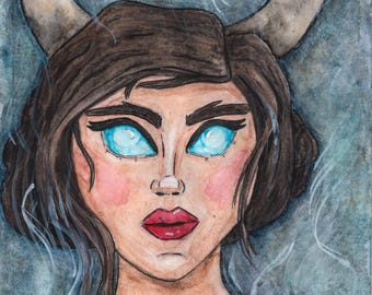 The Seer Art Print, Horned Oracle Portrait, Witchy Colored Pencil Art, Mystical Wall Art, Dark Academia Decor, Fantasy Fan Art