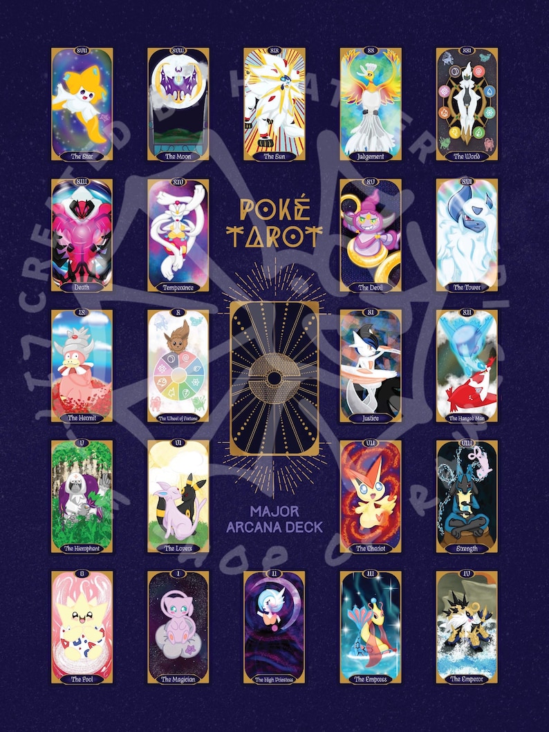 May include: A navy blue poster featuring a "Pok&eacute; Tarot" deck with Major Arcana cards. Each card has a unique illustration and title, such as "The Star" and "The Moon." The words "Major Arcana Deck" are also visible.