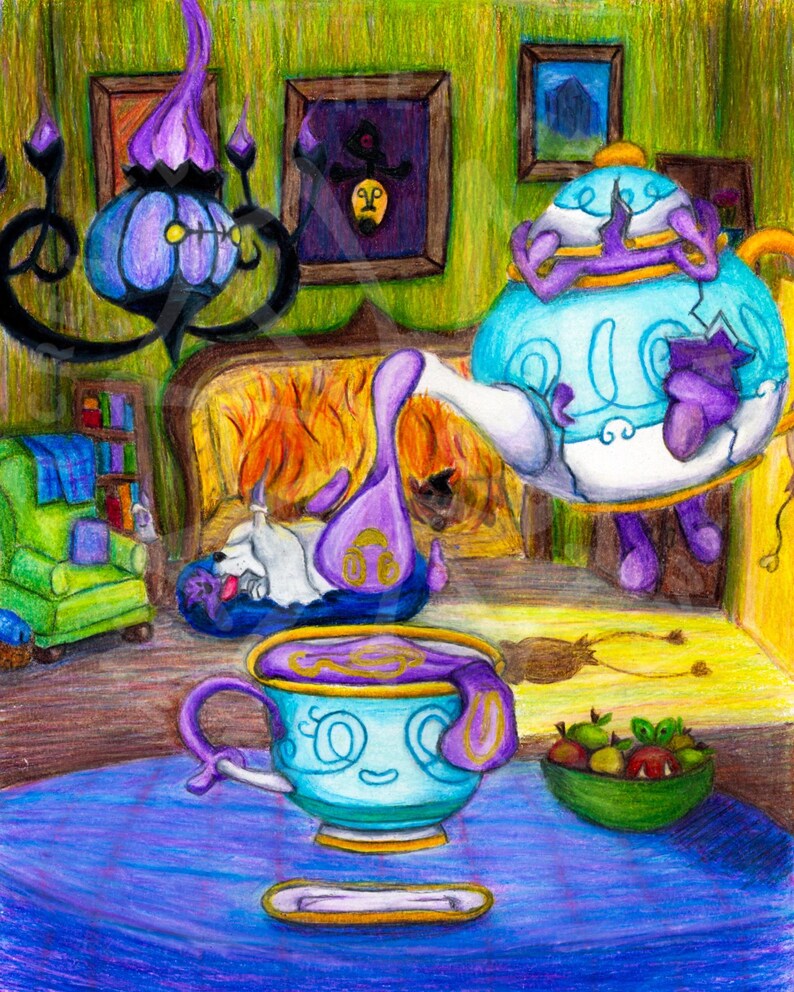 May include: A whimsical illustration of a tea party scene with a purple teapot pouring tea into a blue teacup. The teapot has a purple handle and a white body with blue and gold accents. The teacup has a blue body with gold accents and a purple handle. The scene is set in a room with a fireplace, a couch, and a chandelier. There are also some apples in a bowl on the table.