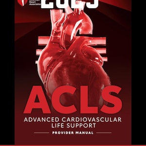 May include: The 2025 American Heart Association ACLS Advanced Cardiovascular Life Support Provider Manual PDF download features a large, glossy, red anatomical heart illustration centered on a dark red and black background with white text.