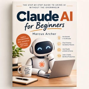 May include: A book titled Claude AI for Beginners by Marcus Archer. The cover features a white robot with a blue screen face sitting at a laptop. Text includes The step-by-step guide to using AI without the overwhelm, and Better Questions Bigger Results.