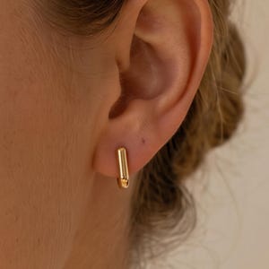 Puede incluir: Un pequeño pendiente de aro en tono dorado pulido con un diseño de barra cilíndrica lisa. El pendiente presenta una estructura de bucle continuo que se asegura a través del lóbulo de la oreja, mostrando un acabado metálico reflectante.