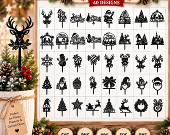SVG-bundel met kerstplantenstekers, snijbestanden voor kersttuindecoratie, plantenmarkeringen voor de feestdagen, Glowforge lasersnijontwerpen, SVG PNG.