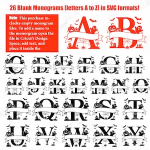 Può includere: Una collezione digitale di 26 lettere monogramma vuote dalla A alla Z in formato SVG. Ogni lettera presenta un tema di Halloween con zucche, fantasmi, pipistrelli, una ragnatela e una lapide. Un nastro vuoto è integrato in ogni lettera.