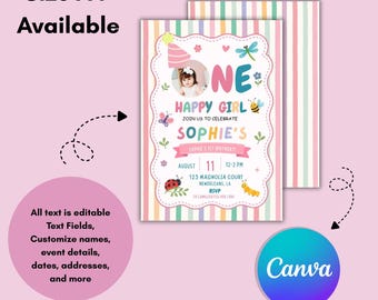 Uitnodiging voor de eerste verjaardag van een meisje, 'One Happy Girl 1st Birthday Invite', bewerkbare Canva-sjabloon, uitnodiging voor een fotofeestje, printbaar in pastelkleuren op A4-formaat.