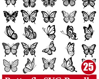 Vlinder SVG-bundel, 25 vlinder SVG's, vlinder clipart, vlinder snijbestand, vlinderontwerp voor T-shirts.