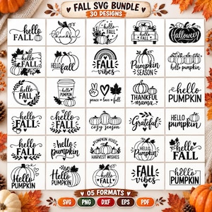 May include: A digital collection of 30 black and white fall-themed SVG designs featuring pumpkins, leaves, and text such as Hello Fall, Pumpkin Season, and Thankful Mama. The grid layout includes various seasonal graphics and typography styles.