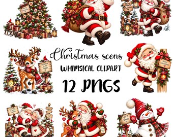 Kerst PNG-bundel, Kerstman-clipart, Kerstsublimatieontwerpen, Winterclipart, Rendier-sneeuwpop PNG, Digitale downloadset voor de feestdagen