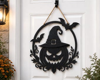 Halloween-Türhänger SVG, Gruseliges Kürbis-Türschild, Hut- und Fledermaus-Bundle, Halloween-Laserschnittdatei, Glowforge SVG, hangour Design.
