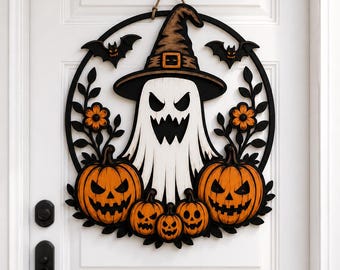Halloween spook deurhanger SVG, heksenhoed spookbord, pompoen deurdecoratie, griezelige ronde deurhanger lasergesneden bestand.